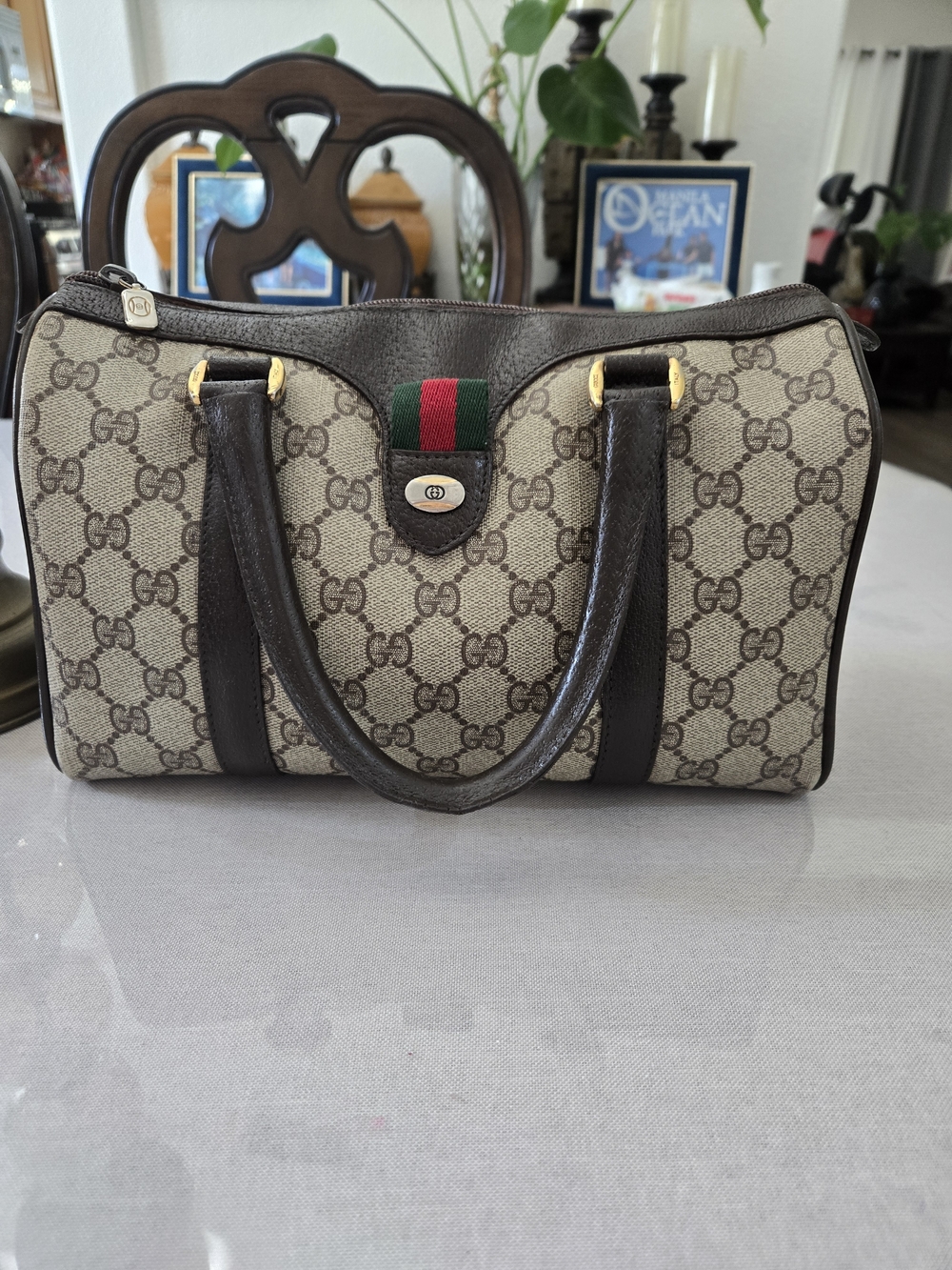 Gucci Brown GG Supreme Satchel with Green-Red Web